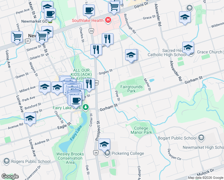 map of restaurants, bars, coffee shops, grocery stores, and more near 612 Timothy Street in Newmarket