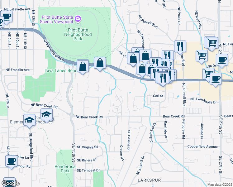 map of restaurants, bars, coffee shops, grocery stores, and more near 301 Northeast Isaiah Drive in Bend