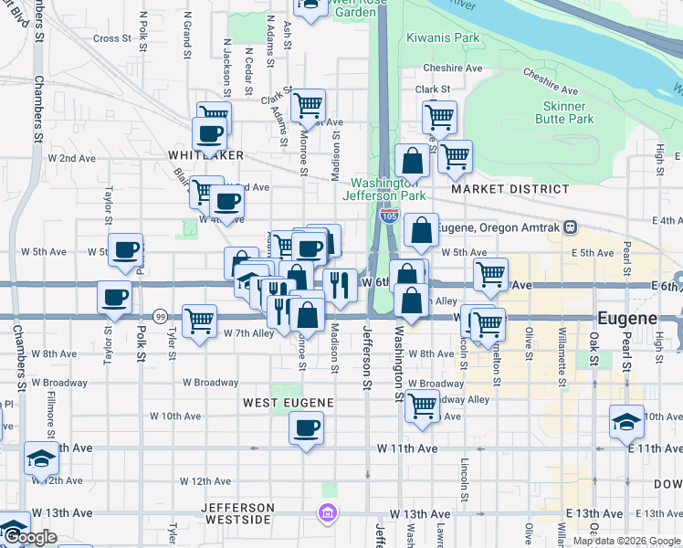 map of restaurants, bars, coffee shops, grocery stores, and more near 737 West 6th Avenue in Eugene
