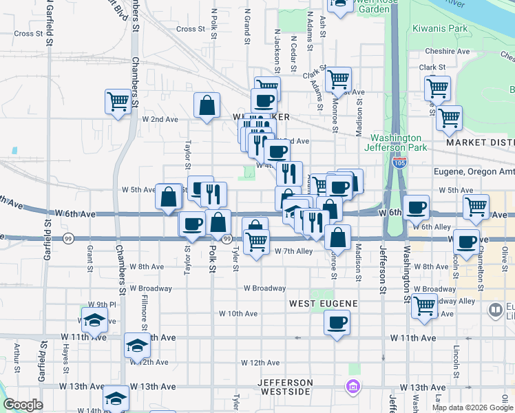 map of restaurants, bars, coffee shops, grocery stores, and more near 1093 West 6th Avenue in Eugene