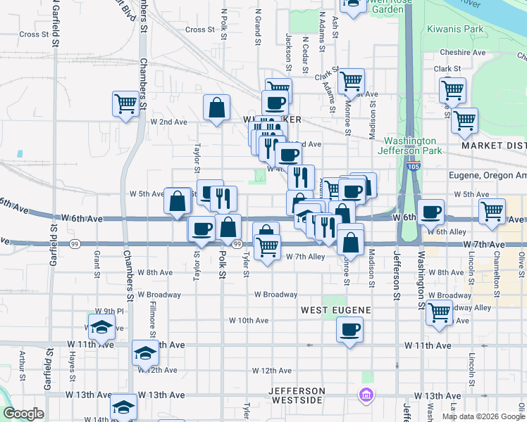 map of restaurants, bars, coffee shops, grocery stores, and more near 1093 West 6th Avenue in Eugene