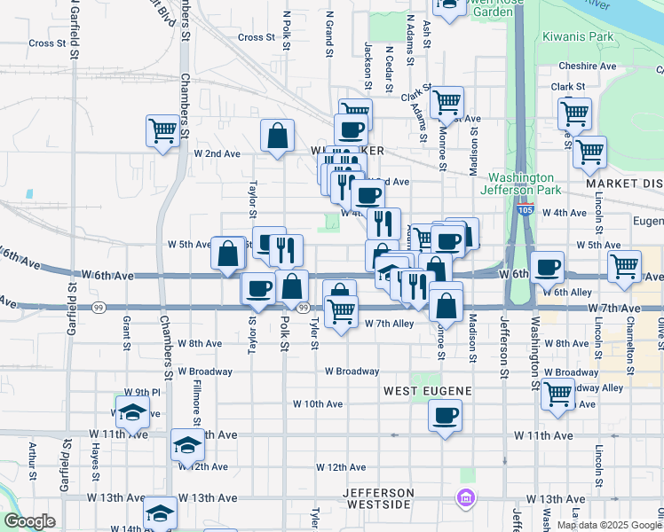 map of restaurants, bars, coffee shops, grocery stores, and more near 1093 West 6th Avenue in Eugene
