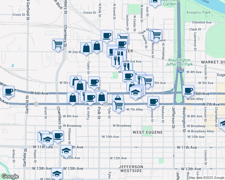 map of restaurants, bars, coffee shops, grocery stores, and more near 555 Tyler Street in Eugene