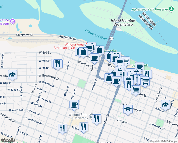 map of restaurants, bars, coffee shops, grocery stores, and more near 310 West 4th Street in Winona