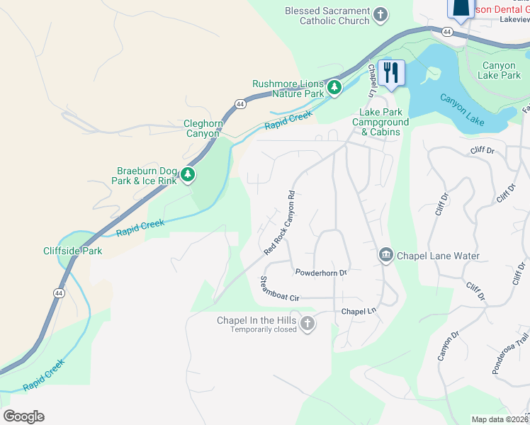 map of restaurants, bars, coffee shops, grocery stores, and more near 3313 Idlewild Court in Rapid City