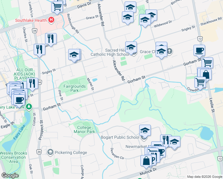 map of restaurants, bars, coffee shops, grocery stores, and more near 782 Gorham Street in Newmarket