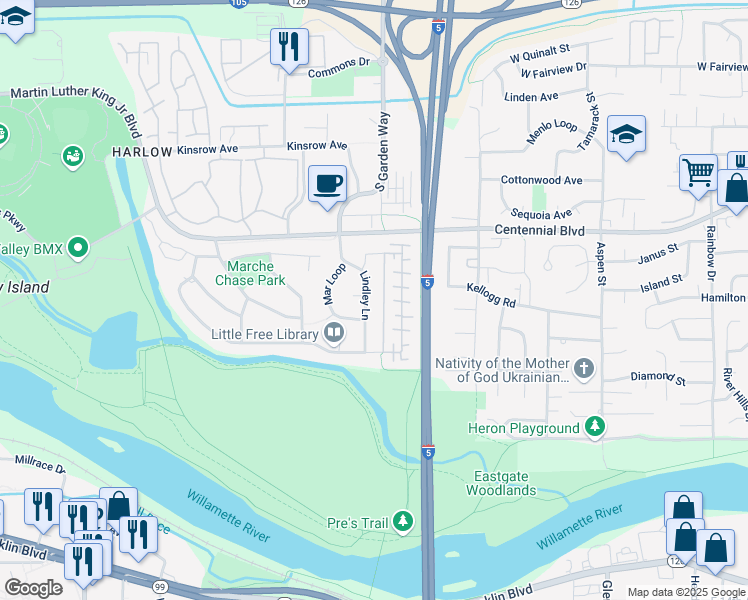 map of restaurants, bars, coffee shops, grocery stores, and more near 485 Lindley Lane in Eugene