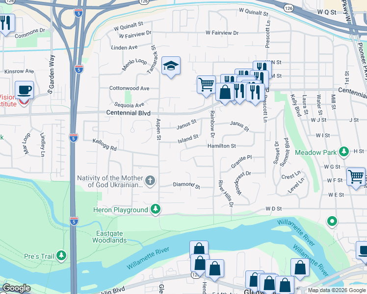 map of restaurants, bars, coffee shops, grocery stores, and more near 1050 Hamilton Street in Springfield