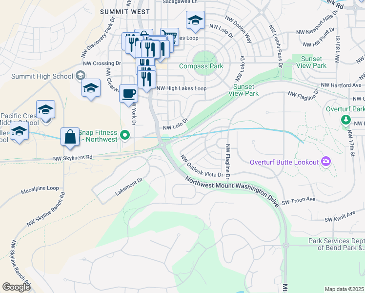 map of restaurants, bars, coffee shops, grocery stores, and more near 233 Northwest Outlook Vista Drive in Bend