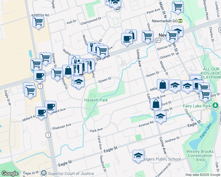 map of restaurants, bars, coffee shops, grocery stores, and more near 210 Parkview Crescent in Newmarket