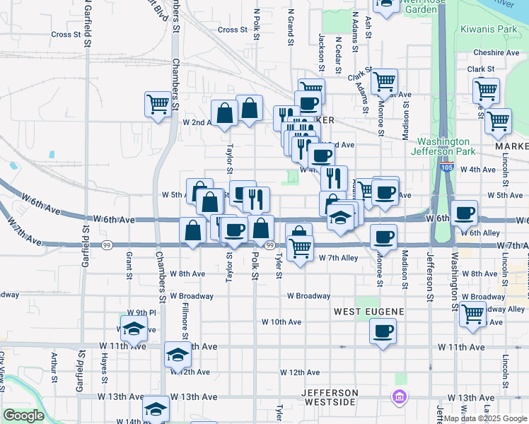 map of restaurants, bars, coffee shops, grocery stores, and more near 1295 West 6th Avenue in Eugene