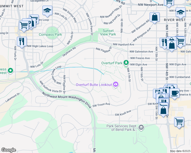 map of restaurants, bars, coffee shops, grocery stores, and more near 198 Northwest Skyliner Summit Loop in Bend