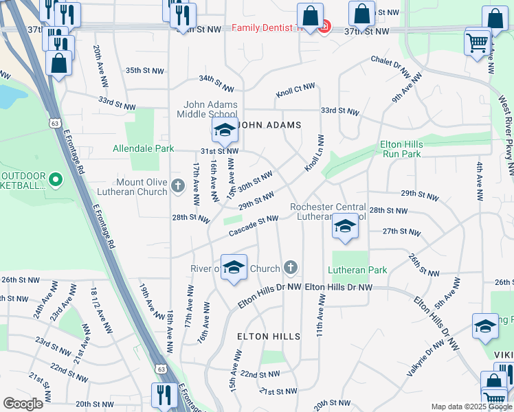 map of restaurants, bars, coffee shops, grocery stores, and more near 1324 29th Street Northwest in Rochester