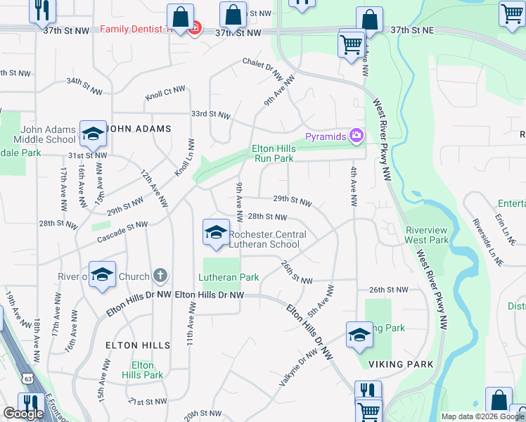 map of restaurants, bars, coffee shops, grocery stores, and more near 729 28th Street Northwest in Rochester