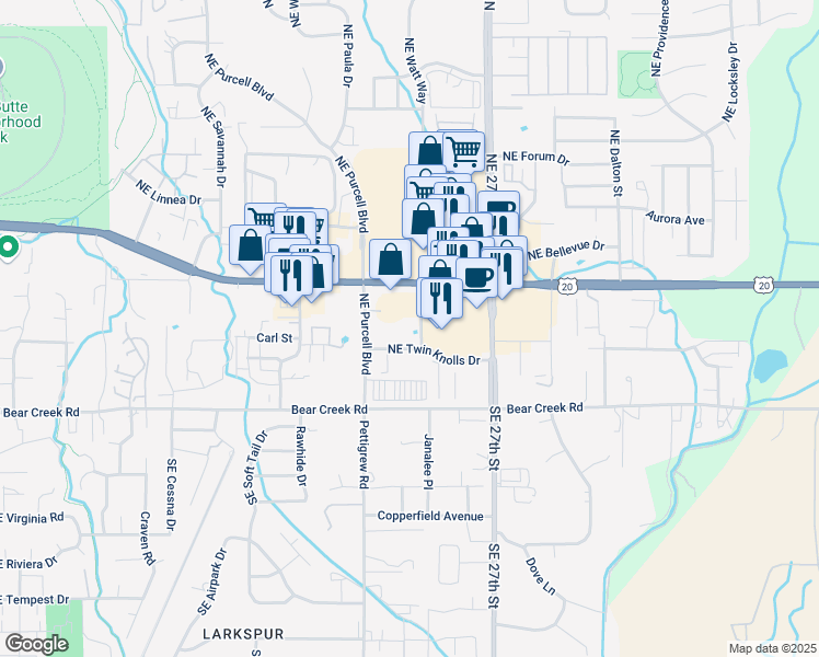 map of restaurants, bars, coffee shops, grocery stores, and more near 2480 Northeast Twin Knolls Drive in Bend