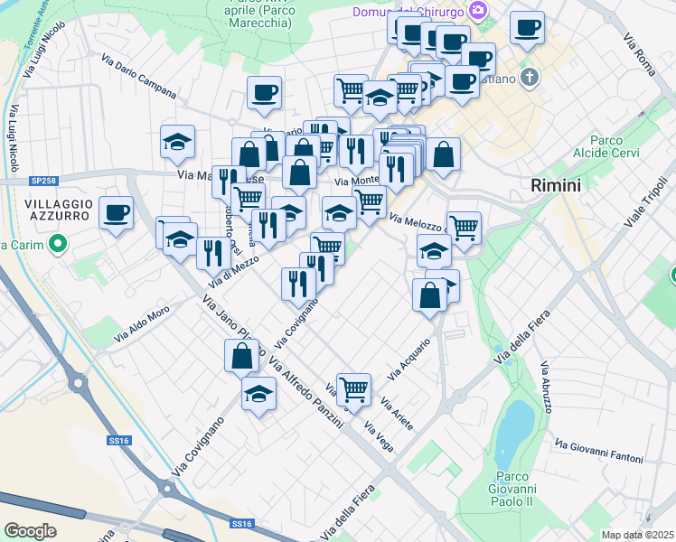 map of restaurants, bars, coffee shops, grocery stores, and more near 76 Via Covignano in Rimini