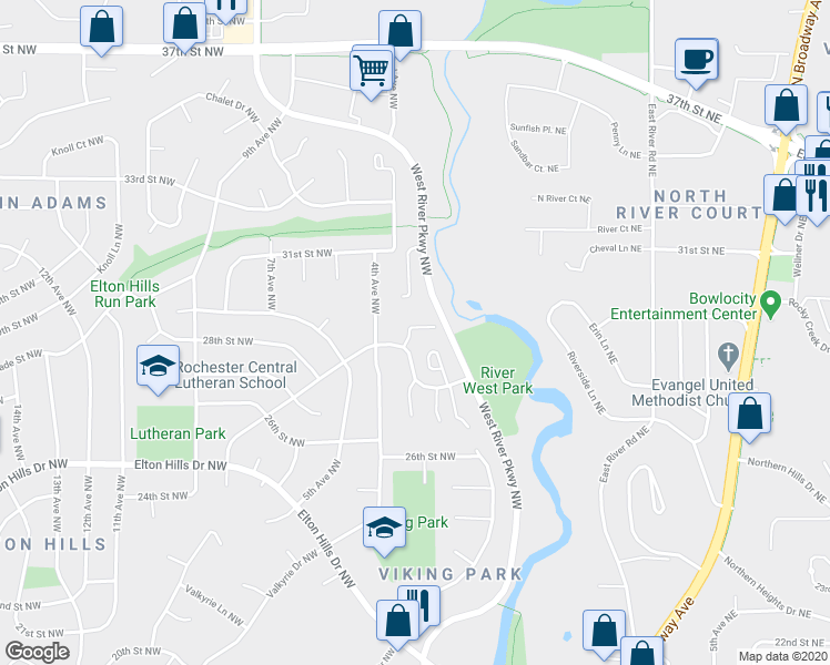 map of restaurants, bars, coffee shops, grocery stores, and more near 2806 Riverwood Lane Northwest in Rochester