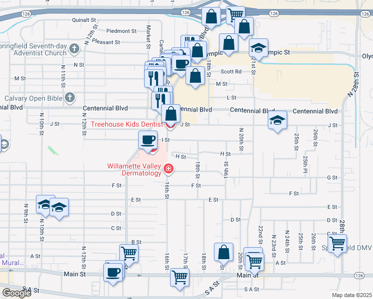 map of restaurants, bars, coffee shops, grocery stores, and more near 1704 H Street in Springfield