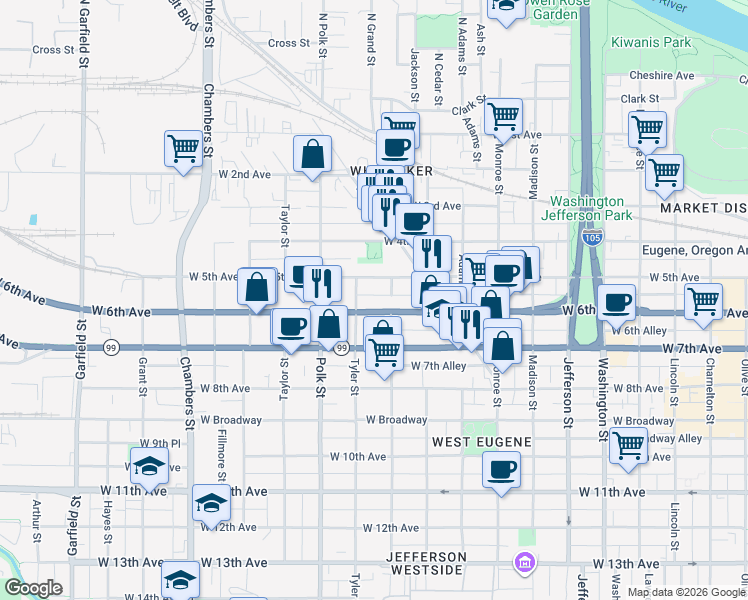 map of restaurants, bars, coffee shops, grocery stores, and more near 1093 West 6th Avenue in Eugene