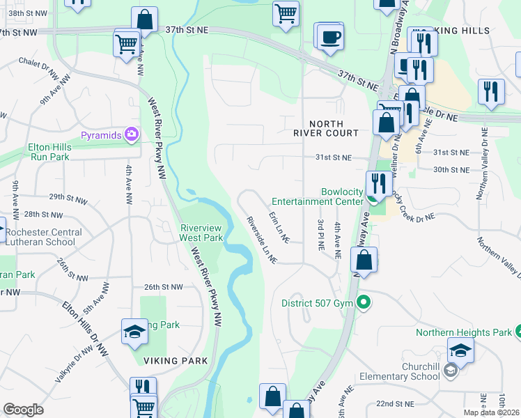 map of restaurants, bars, coffee shops, grocery stores, and more near 2703 Erin Lane Northeast in Rochester