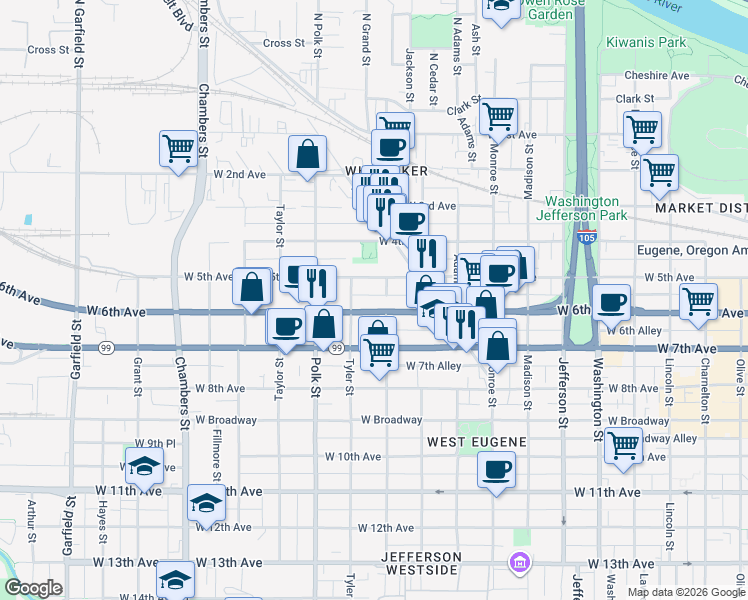 map of restaurants, bars, coffee shops, grocery stores, and more near 1093 West 6th Avenue in Eugene