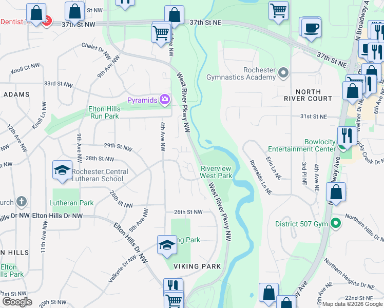 map of restaurants, bars, coffee shops, grocery stores, and more near 2809 Riverwood Lane Northwest in Rochester