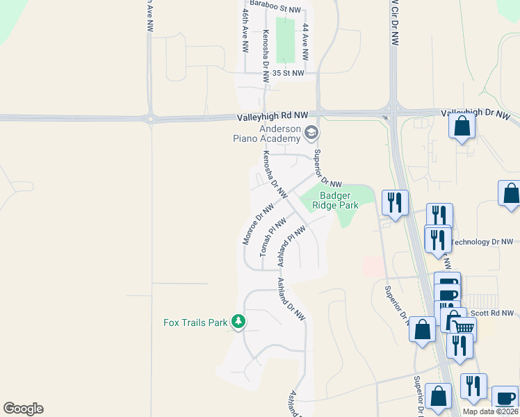 map of restaurants, bars, coffee shops, grocery stores, and more near 2903 Monroe Drive Northwest in Rochester