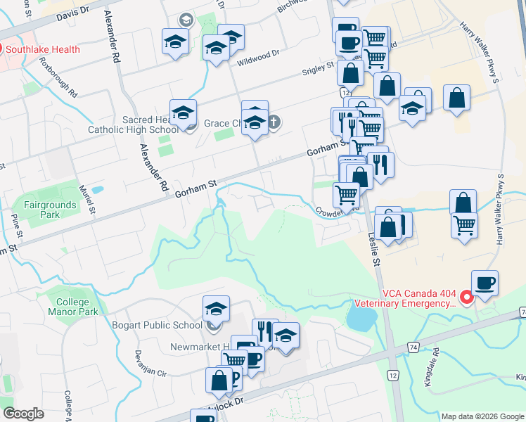 map of restaurants, bars, coffee shops, grocery stores, and more near 346 Doak Lane in Newmarket