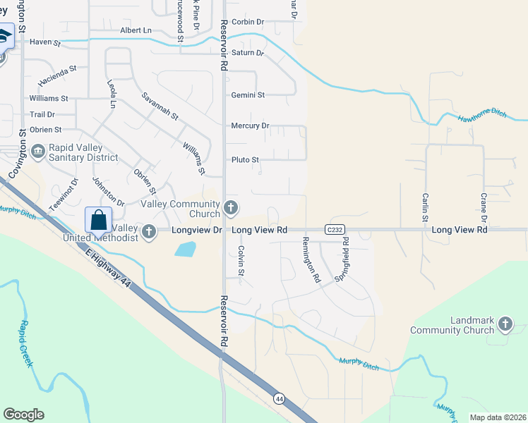 map of restaurants, bars, coffee shops, grocery stores, and more near 5750 Long View Road in Rapid City