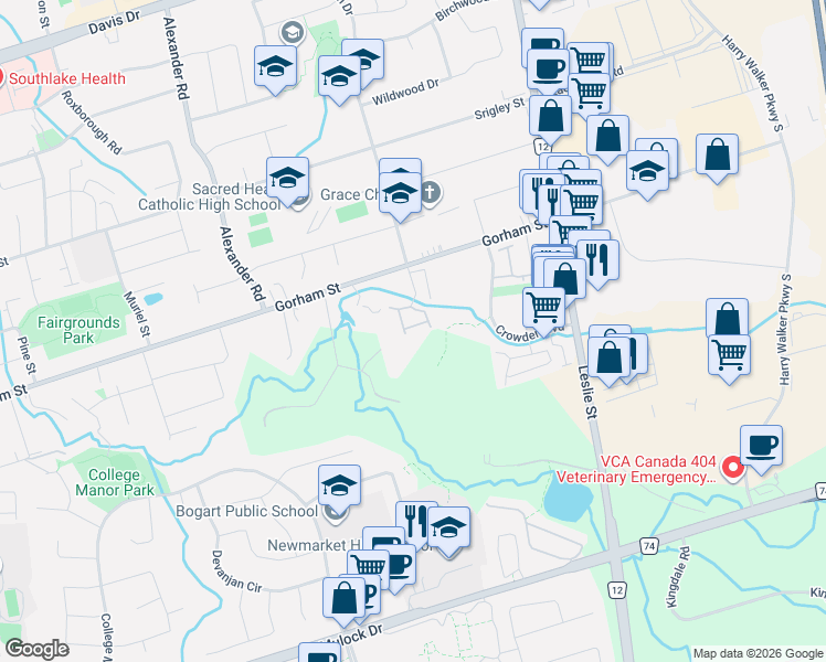 map of restaurants, bars, coffee shops, grocery stores, and more near 346 Doak Lane in Newmarket