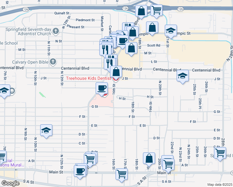 map of restaurants, bars, coffee shops, grocery stores, and more near 1600 H Street in Springfield