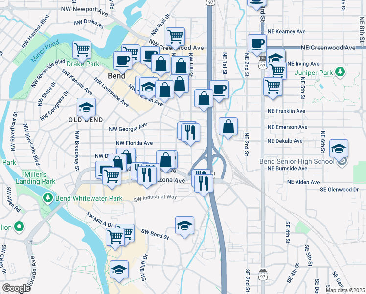 map of restaurants, bars, coffee shops, grocery stores, and more near 134 Northwest Delaware Avenue in Bend