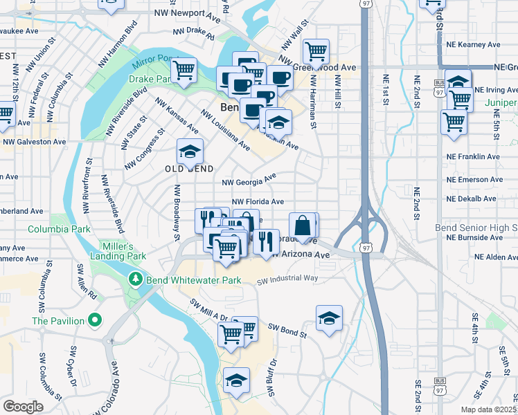 map of restaurants, bars, coffee shops, grocery stores, and more near 216 Northwest Lava Road in Bend