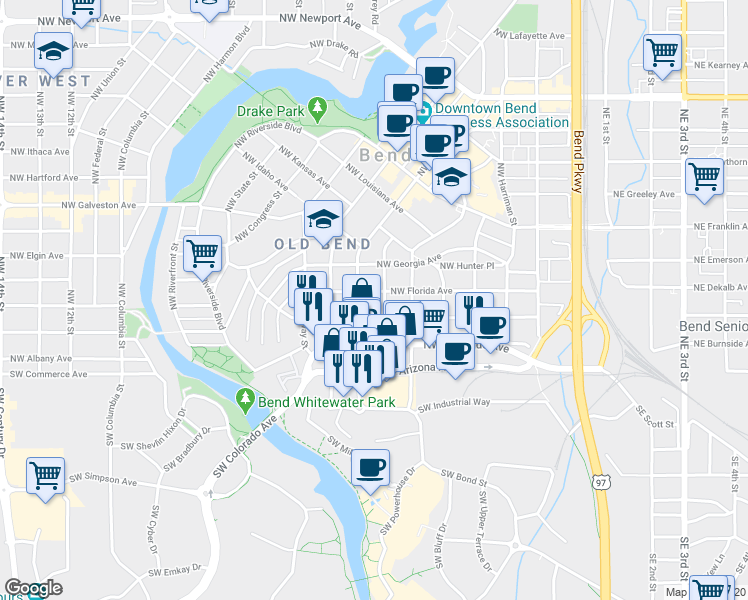 map of restaurants, bars, coffee shops, grocery stores, and more near 604 Northwest Delaware Avenue in Bend