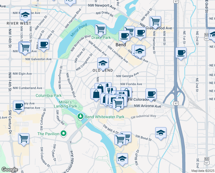 map of restaurants, bars, coffee shops, grocery stores, and more near 724 Northwest Delaware Avenue in Bend