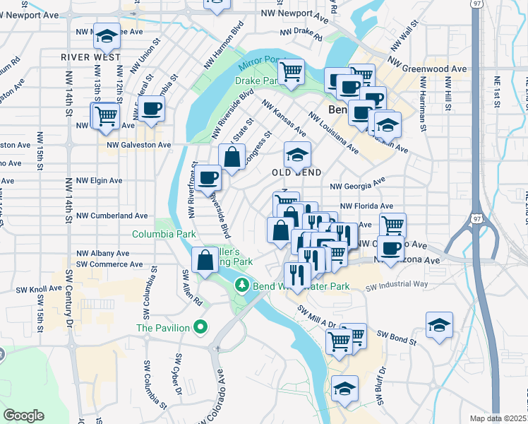 map of restaurants, bars, coffee shops, grocery stores, and more near 960 Northwest Delaware Avenue in Bend