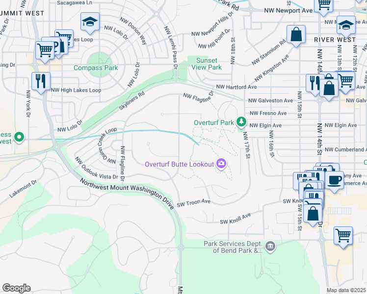 map of restaurants, bars, coffee shops, grocery stores, and more near 198 Northwest Skyliner Summit Loop in Bend
