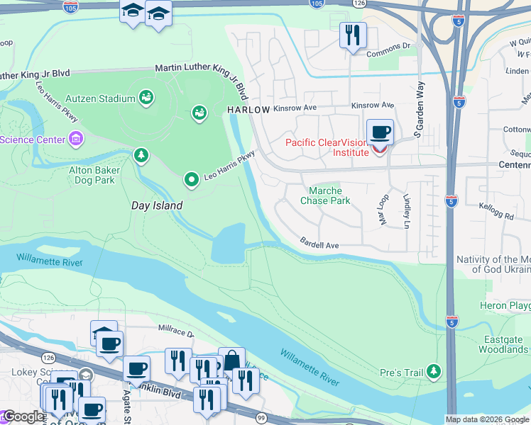 map of restaurants, bars, coffee shops, grocery stores, and more near 3330 Bardell Avenue in Eugene