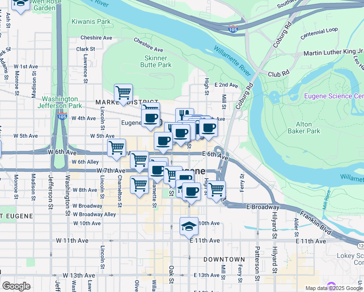 map of restaurants, bars, coffee shops, grocery stores, and more near 550 Pearl Street in Eugene