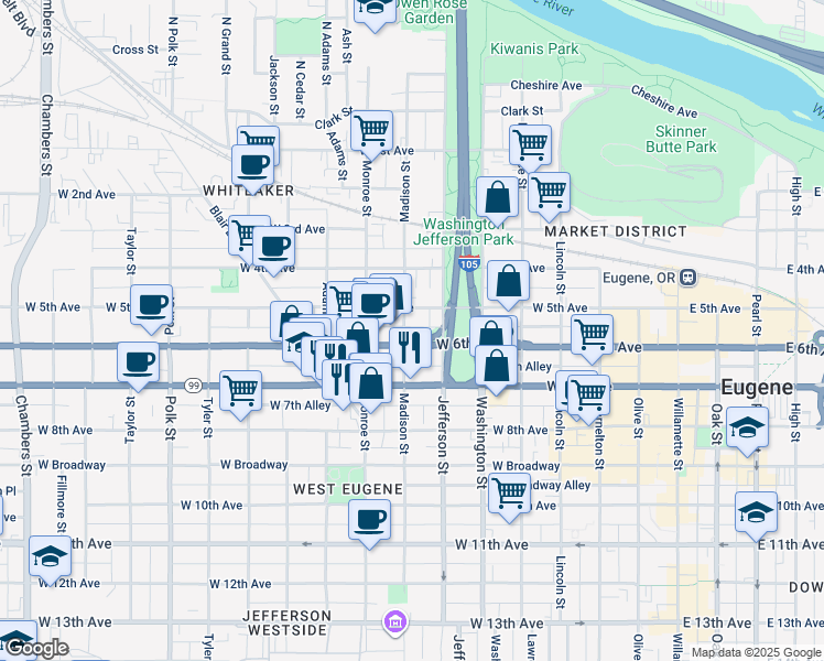 map of restaurants, bars, coffee shops, grocery stores, and more near 737 West 6th Avenue in Eugene