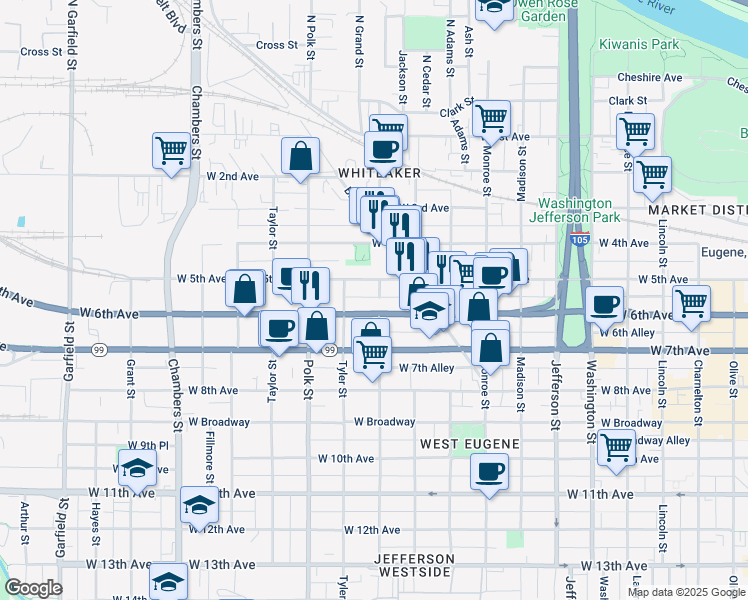 map of restaurants, bars, coffee shops, grocery stores, and more near 1093 West 6th Avenue in Eugene