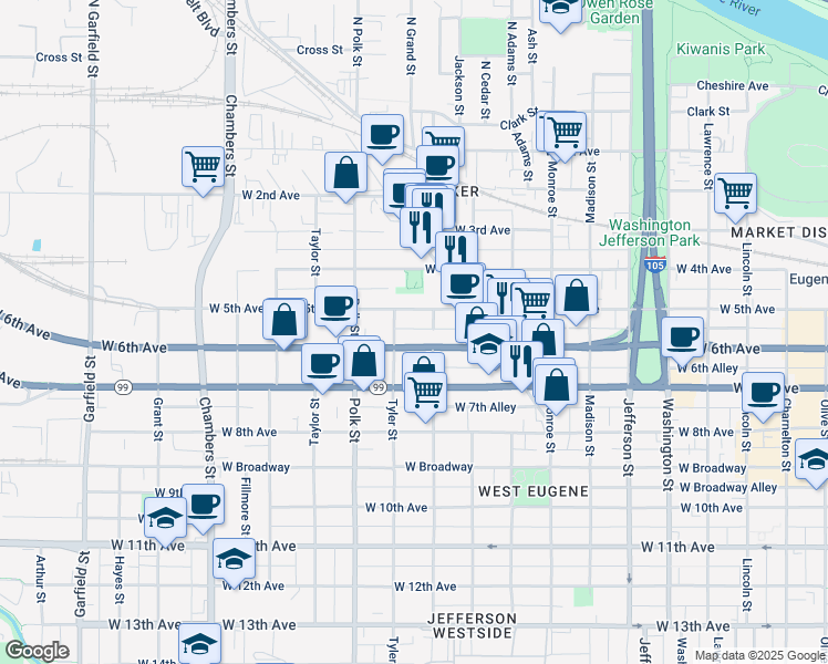map of restaurants, bars, coffee shops, grocery stores, and more near 1093 West 6th Avenue in Eugene