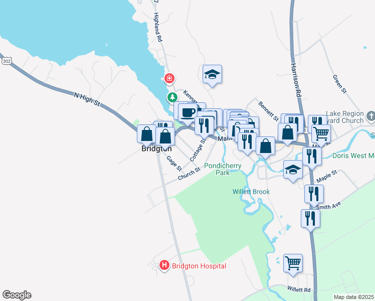 map of restaurants, bars, coffee shops, grocery stores, and more near 16 Fowler Street in Bridgton