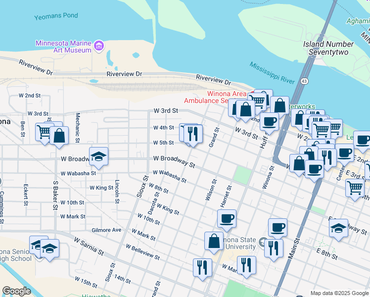 map of restaurants, bars, coffee shops, grocery stores, and more near 505 West 5th Street in Winona