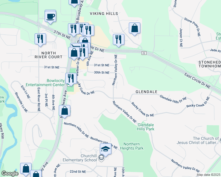 map of restaurants, bars, coffee shops, grocery stores, and more near 2807 Northern Valley Drive Northeast in Rochester
