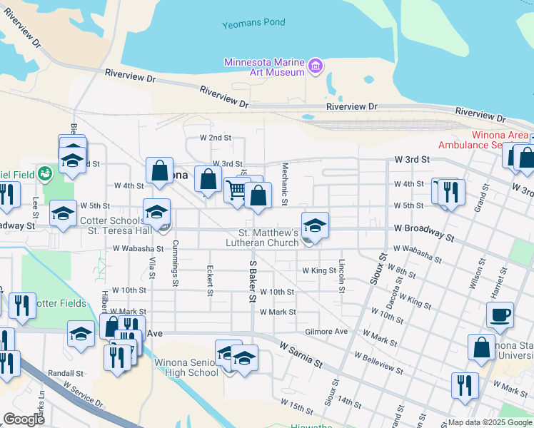 map of restaurants, bars, coffee shops, grocery stores, and more near 867 West 5th Street in Winona