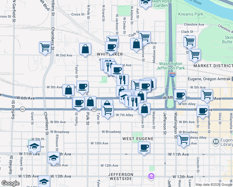 map of restaurants, bars, coffee shops, grocery stores, and more near 985 Oregon 99 in Eugene