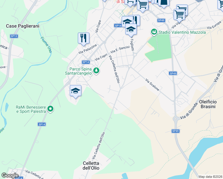 map of restaurants, bars, coffee shops, grocery stores, and more near 100 Via Casette Molari in Provincia di Rimini