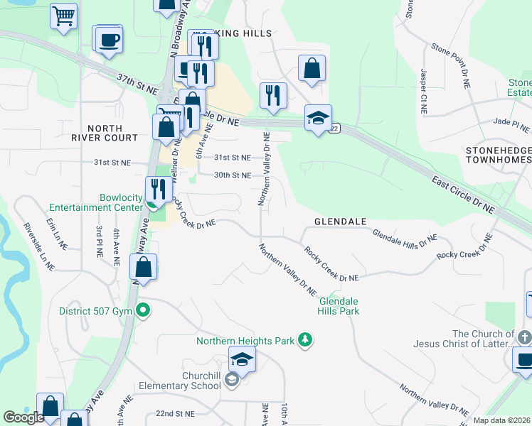 map of restaurants, bars, coffee shops, grocery stores, and more near 2826 Northern Valley Drive Northeast in Rochester