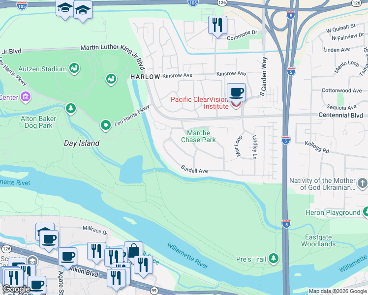map of restaurants, bars, coffee shops, grocery stores, and more near 3365 Buckingham Avenue in Eugene